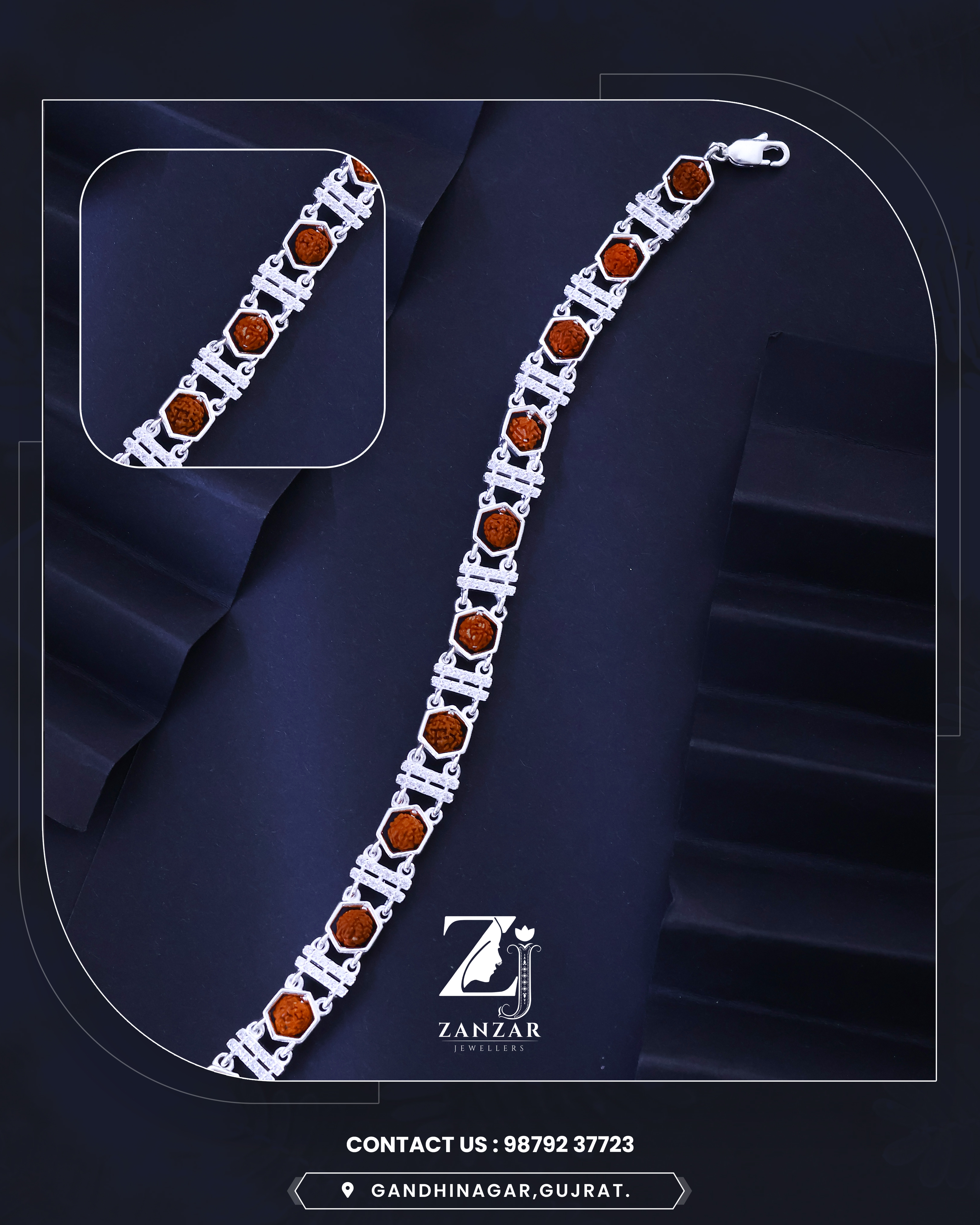 RUDRAKSH SILVER CZ DOUBLE STRIP BRACELET (HEXAGON)