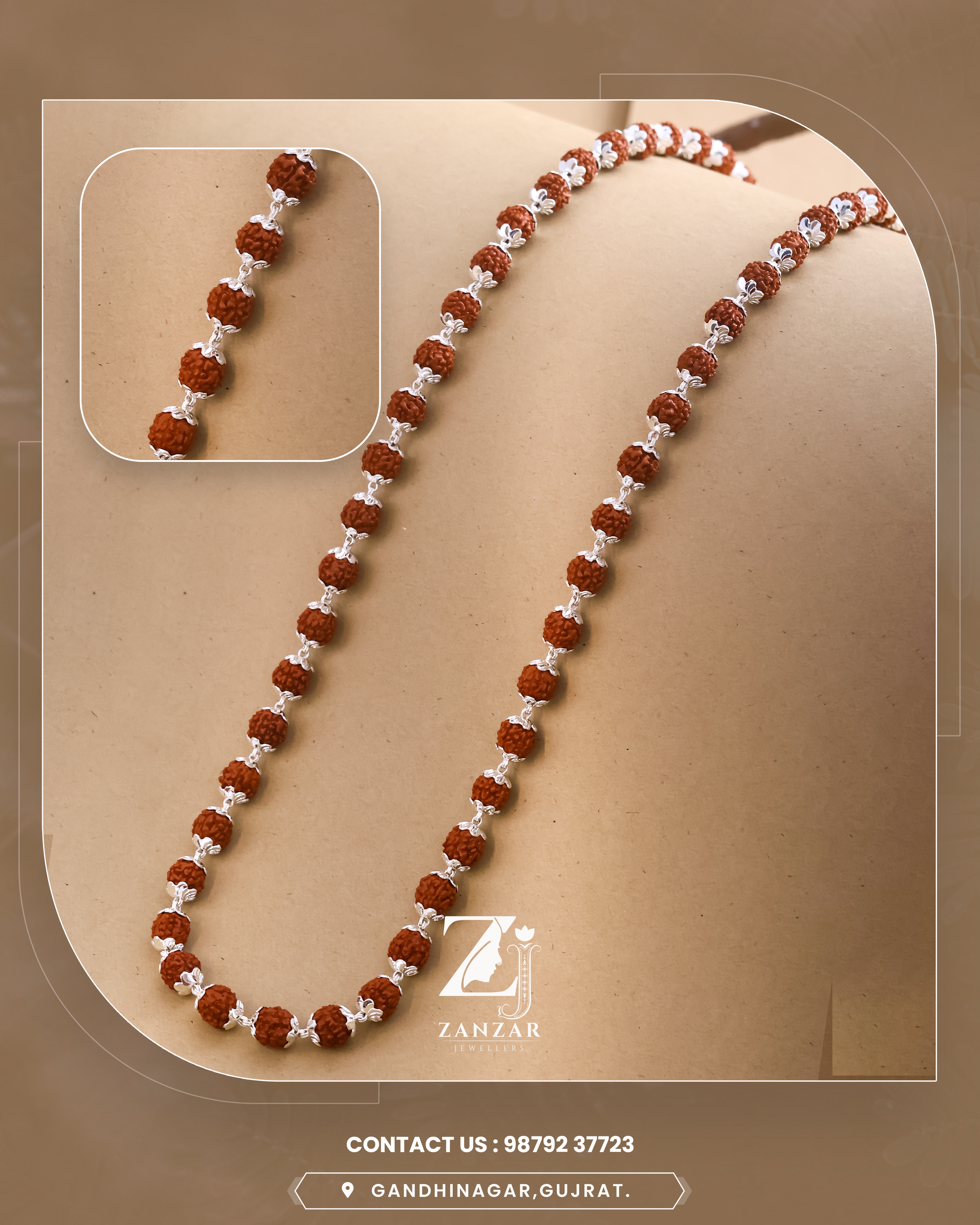 RUDRAKSH SILVER KAILASH MALA 925 CCUT TOPRI 8-9 MM