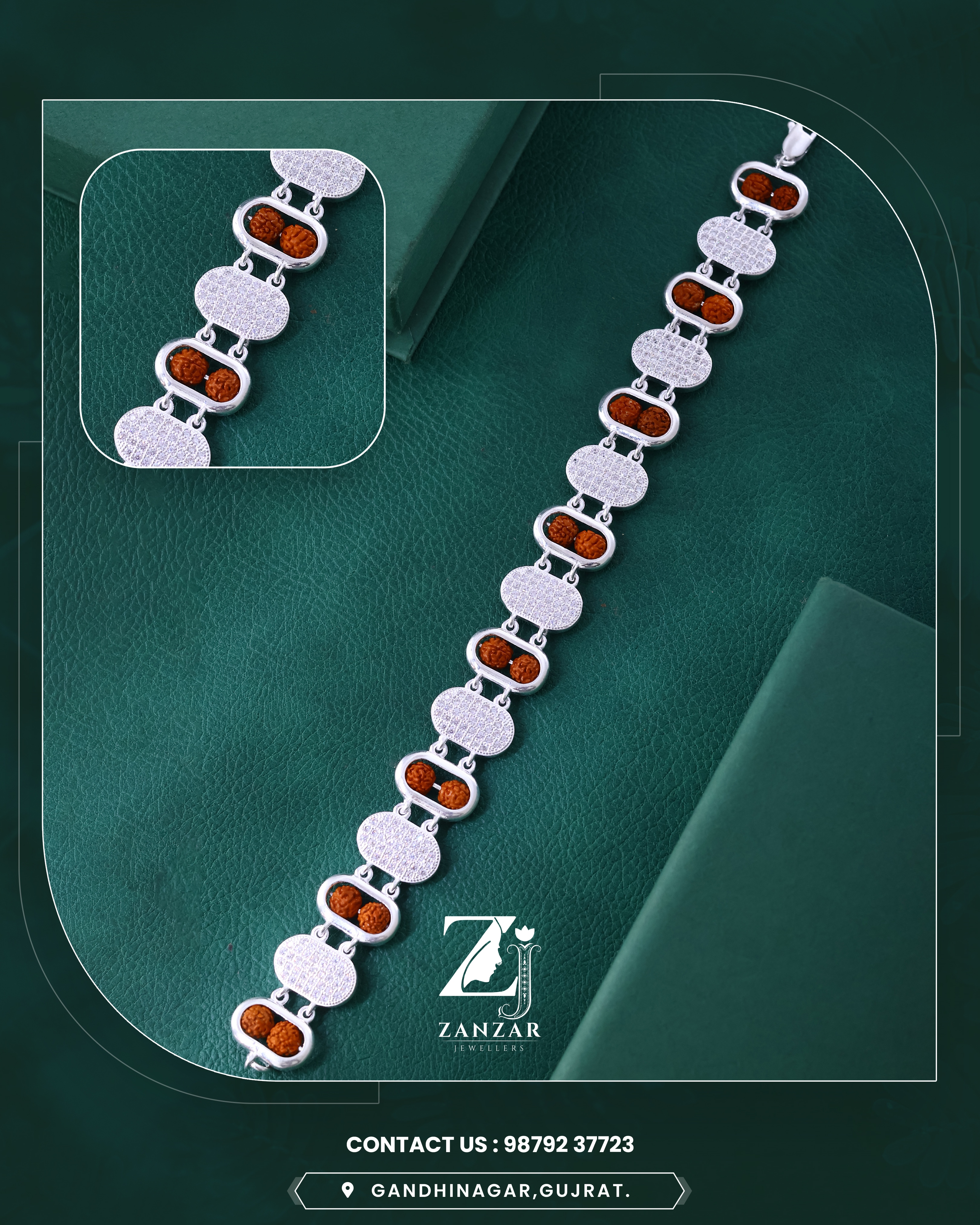 RUDRAKSH BRACELET SILVER CAPSULE CZ (TWO LINE)