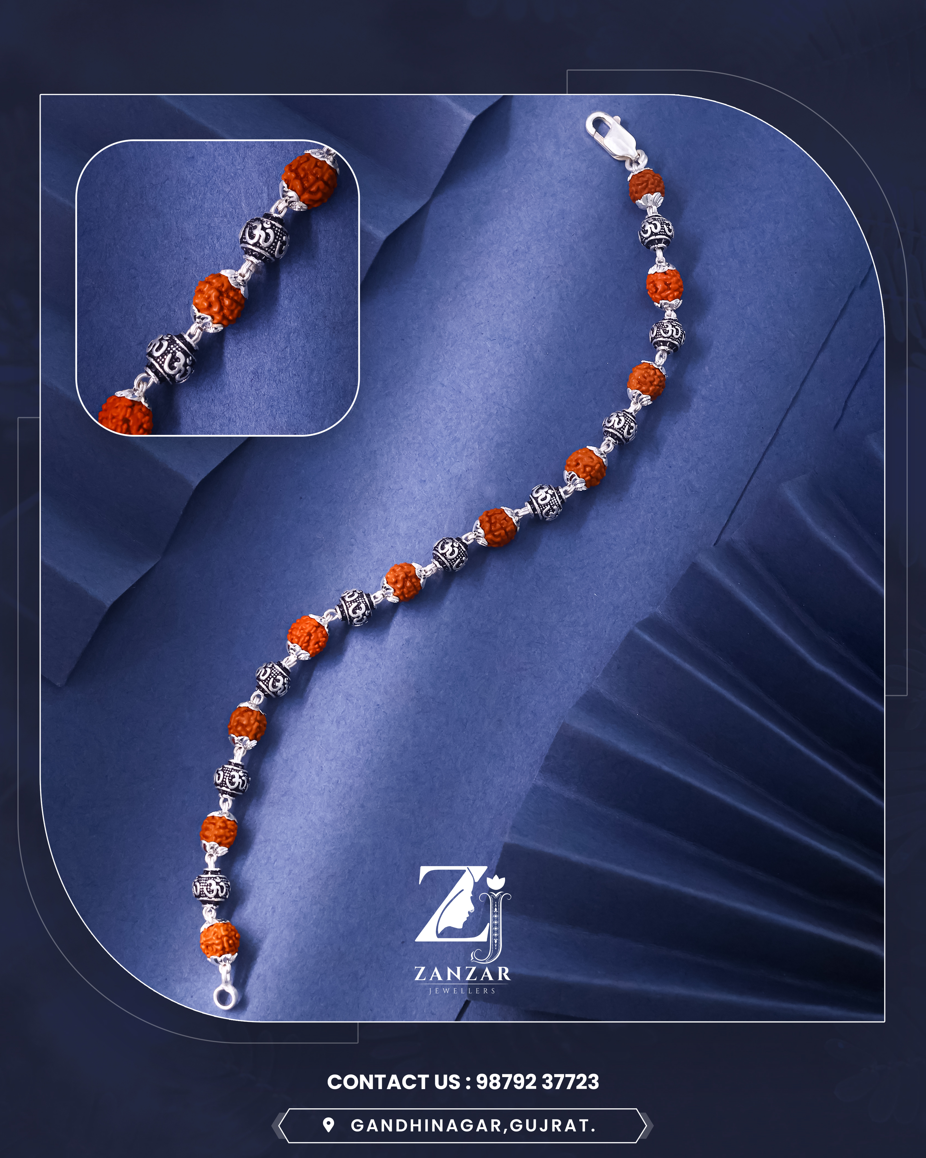 RUDRAKSH SILVER OM RUDRA BRACELET 925 7-8 MM