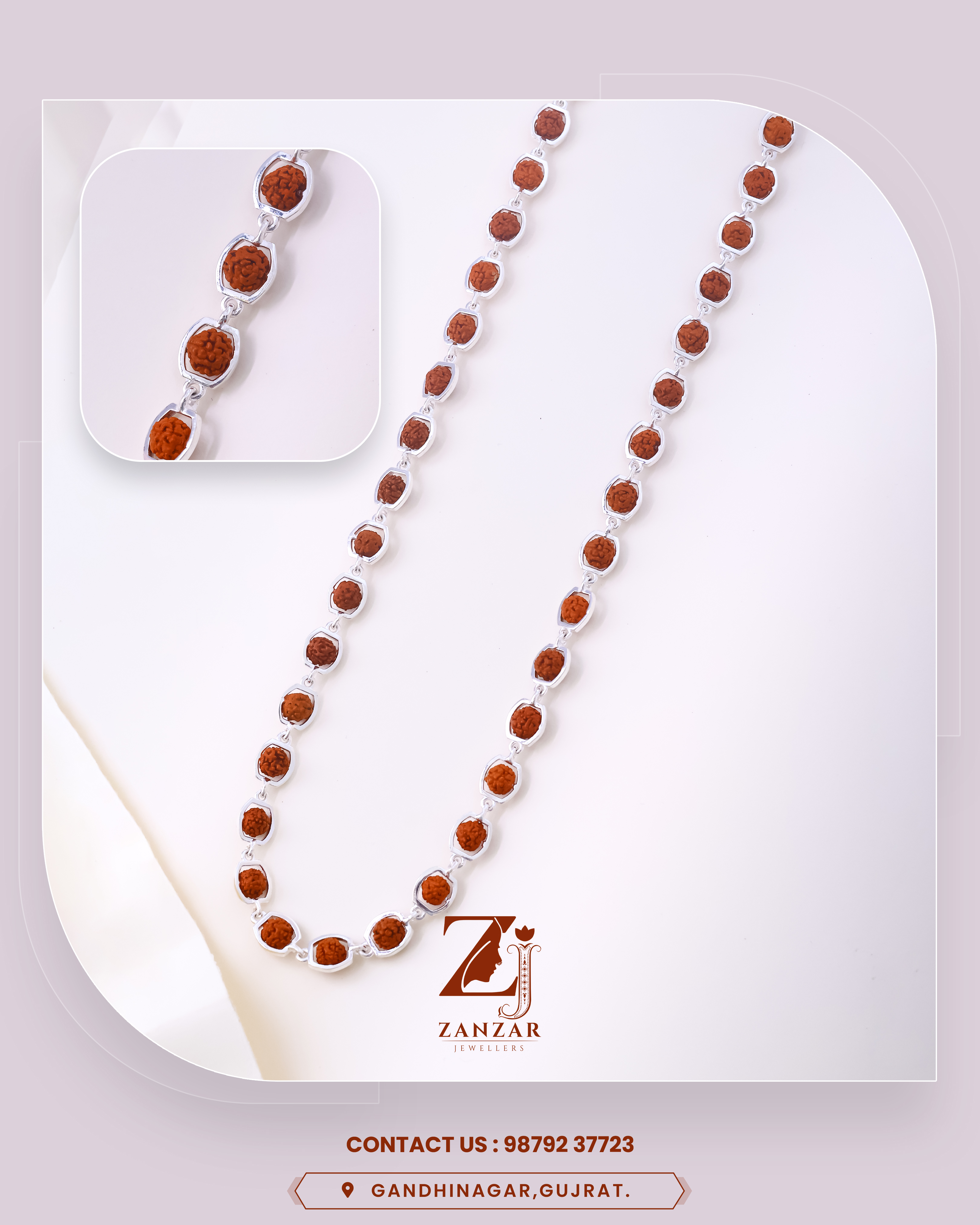 Rudraksh Silver Pranavdhara Mala 925 with Semicircle Capping