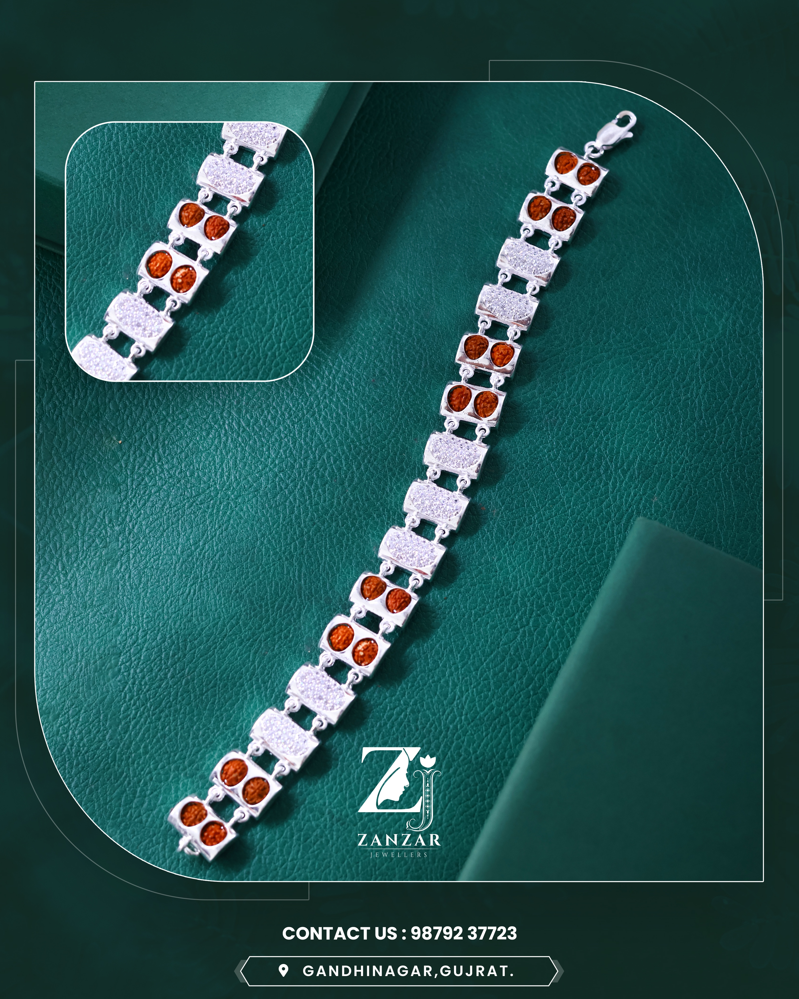 RUDRAKSH BRACELET SILVER CASTING RECTANGLE HALF CZ